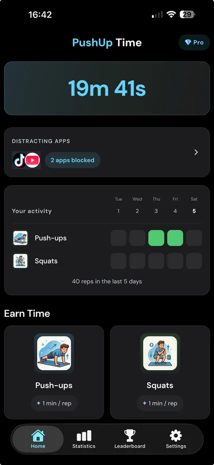 Home screen showing earned screen time and recent activity