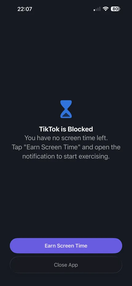 A blocked app with no screen time left